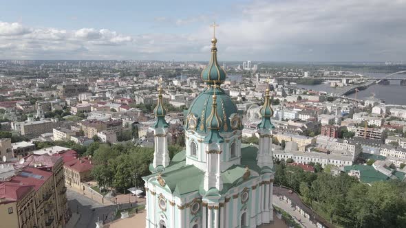 The Architecture of Kyiv. Ukraine. St. Andrew's Church. Aerial. Slow Motion, Gray, Flat alt