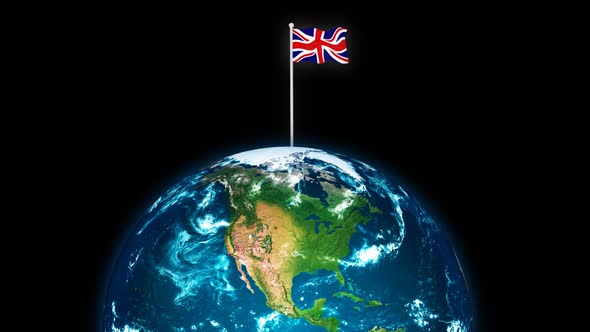 3d Rotated Planet Earth On Flying United Of Kingdom Flag Animation alt