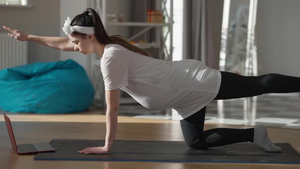 Home Workout of Pregnant Young Sportswoman Standing on All Fours on Exercise Mat alt