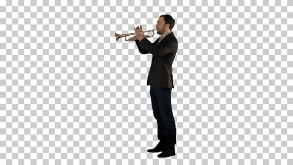 Man standing and trumpet melody., Alpha Channel