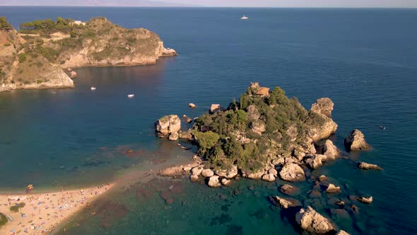 Taormina Sicily Isola Bella Beach From the Sky Aerial View Voer the Island and the Beach By Taormina alt