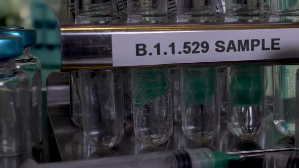 B.1.1.529 Sample Test Tube Vials In Rack. Close Up, Pan Right, Establishing Shot alt