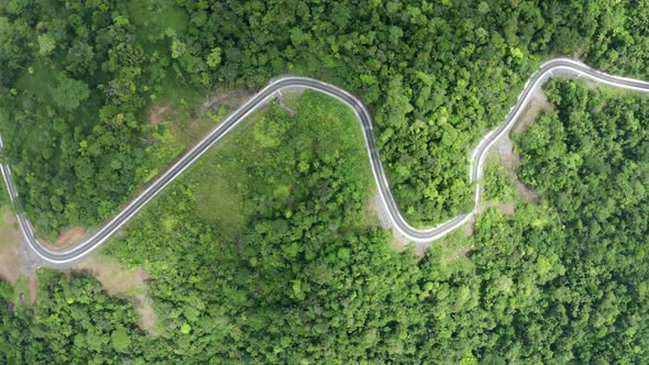 Aerial top down view, showing a road winding through a hilly forest landscape alt