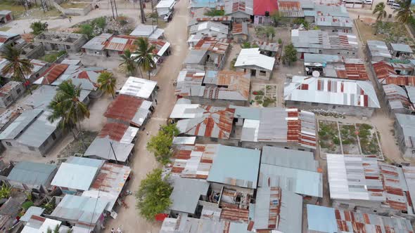Aerial View African Slums Dirty House Roofs of Local Village Zanzibar Nungwi alt