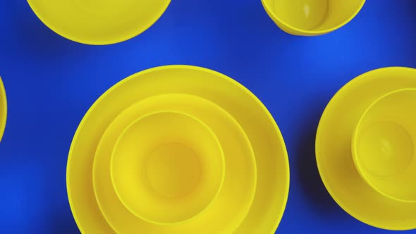 Flat Lay Food Background with Empty Yellow Cup, Over Blue Background alt