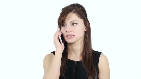 Young Girl Answering Phone Call, White Background alt