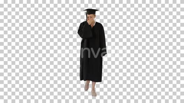 Young Graduate Woman Sick And Coughing While Walking, Alpha Channel alt