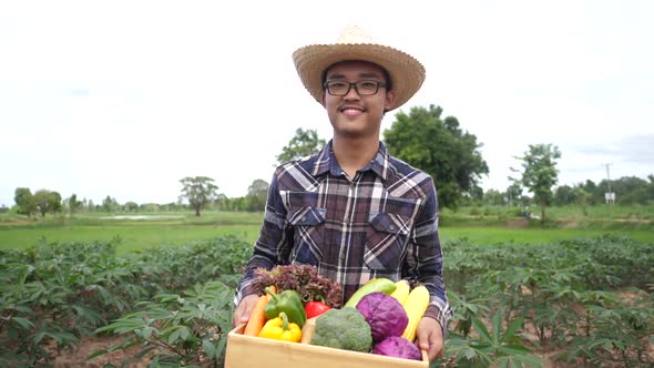 Asian farmer smiling and holding a box of organic vegetables walking at his farm alt