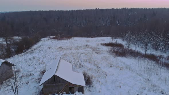 Aerial Panoramic View Winter Period Landscape Forest Trees Covered Snow Sunset alt
