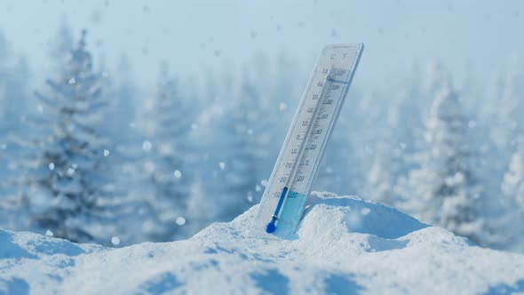 The thermometer at the snowdrift in the beautiful white snowy surrounding.Winter alt