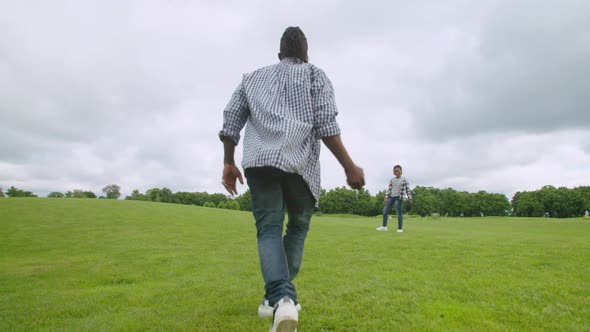 Joyful Black Father and Son Practicing Baseball Skills on Green Field alt