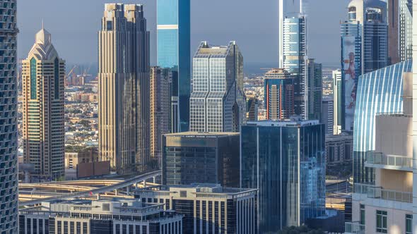Dubai Downtown in the Evening Timelapse in Bright Yellow Sunset Light alt