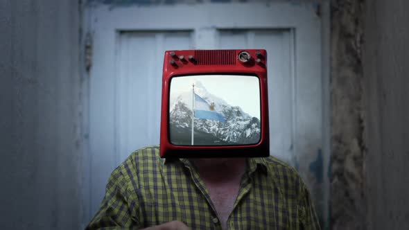 TV-Headed Man and the Argentine Flag on the Screen. alt