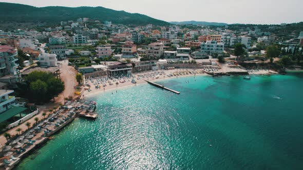 Aerial View Exotic Beach with Turquoise Water in Albania Ksamil Islands alt