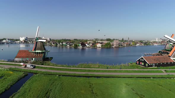 Aerial view of historic windmills of Zaanse Schans in Amsterdam, Netherlands in 4K