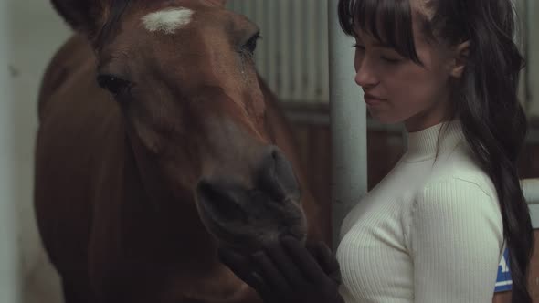 Young woman feeds her horse
