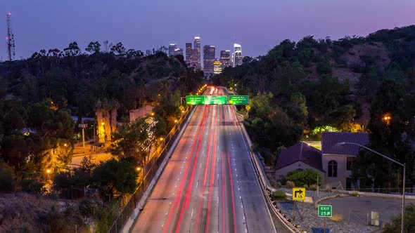 Downtown Los Angeles and Freeway Day to Night Sunset alt