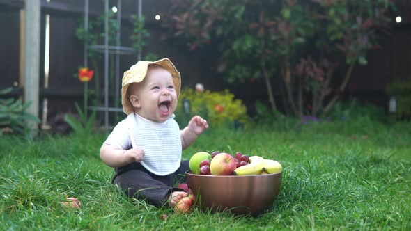 Small Newborn Child in Summer Panama Hat Sit on Grass Barefoot in Bib with Big Bowl of Fresh Fruit alt