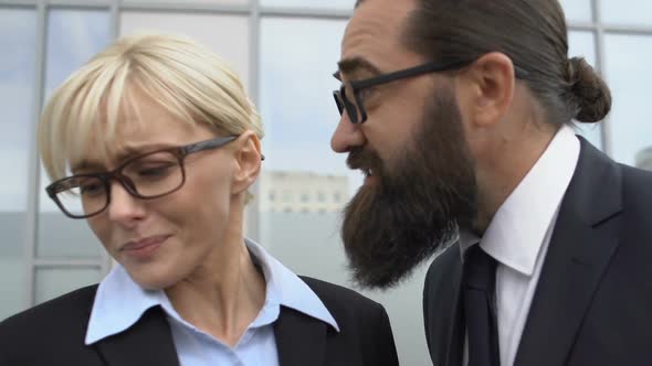 Furious Male Boss Screaming on Female Office Worker Outdoor, Lady Gesturing Stop