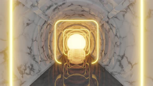 Yellow Neon Light in Marble Tunnel 4K