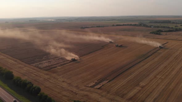 Aerial shot: few combines harvest wheat at sunset. alt
