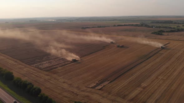 Aerial shot: few combines harvest wheat at sunset.