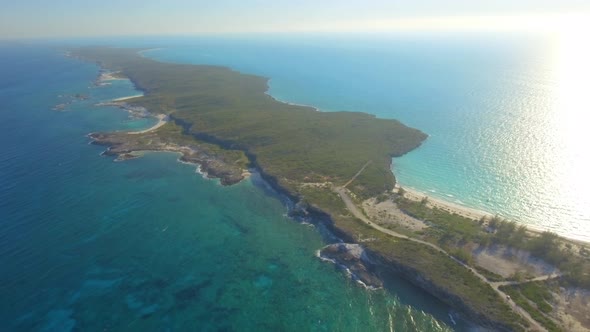 Aerial drone view of a deserted beach in the Bahamas, Caribbean.  alt
