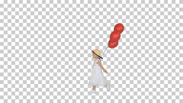 Little girl walking by with red balloons, Alpha Channel alt