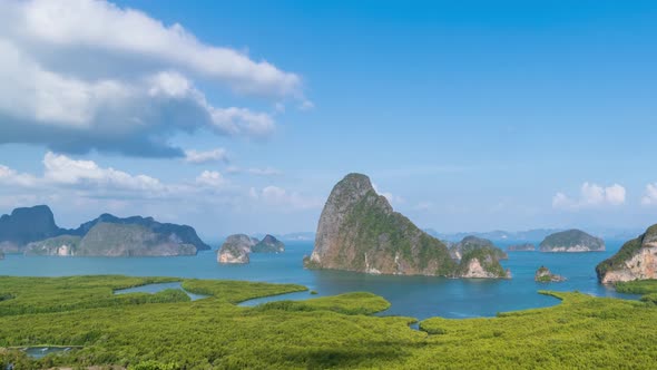 Samet Nangshe viewpoint over Phang-nga Bay and mountains in Andaman sea, Thailand - Time Lapse