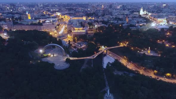 Aerial View of Pedestrian Glass Bridge in Kyiv Connecting Two Parks Volodymyrska Gorka and