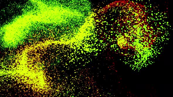 Abstract flow of green and red small dots over black background alt