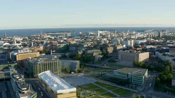 Slow aerial pan above Helsinki, Finland with Parliament Building in view. alt