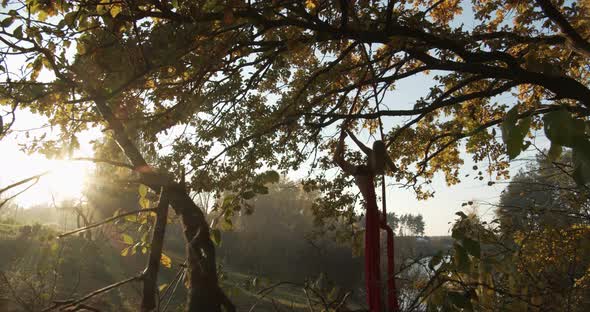 Flexible Brunette With Bare Feet Hanging On A Canvas For Aerial Acrobatics Outdoors. alt