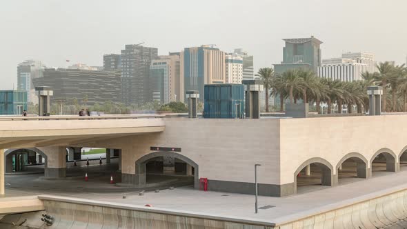 View of the Doha City in Front of the Museum of Islamic Art Evening Timelapse in the Qatari Capital alt