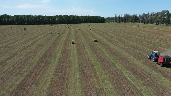 A Round Baler Discharges a Fresh Wheat Bale During Harvesting alt