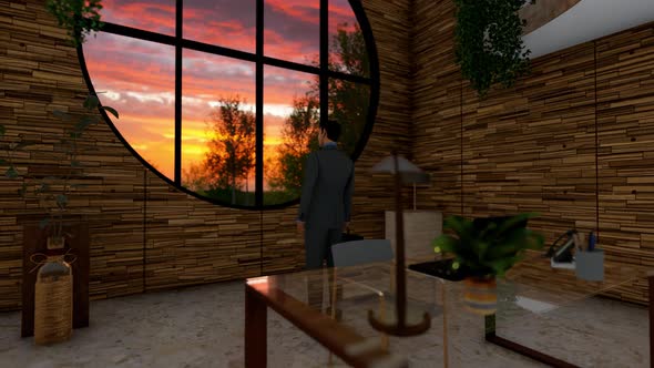 Businessman Looking At Sunset From His Office