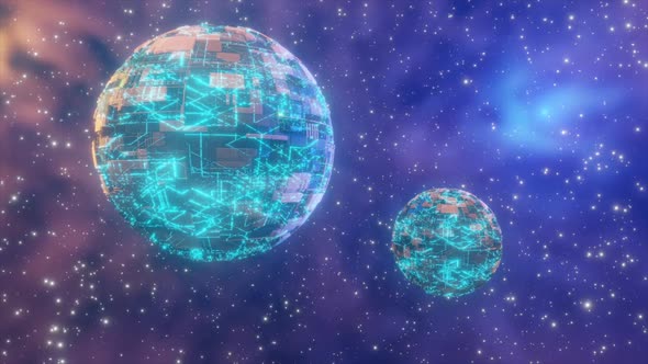 illuminated cyber ball rotates in open space surrounded by nebula