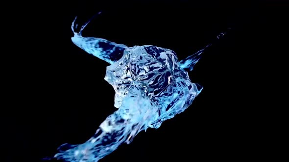 The Liquid Splashes And Swirls Into A Sphere , Turns Into Ice And Explodes On A Black Background