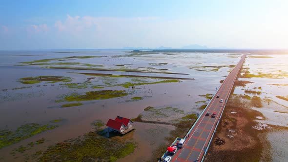 Aerial view over large wetlands in Thale Noi, Phatthalung, Thailand. 4K drone alt