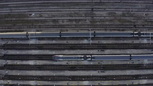 Highs peed train aerial top down view.  alt