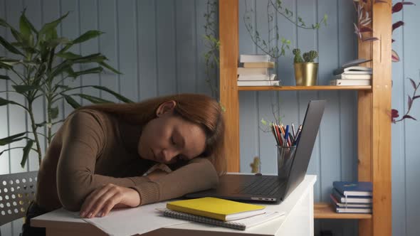 Young Woman Sleeping at Desk with Laptop and Papers Feels Tired