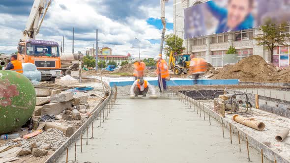 Concrete Works for Road Construction with Many Workers and Concrete Pump Timelapse alt