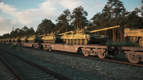 Supply Of Military Weapons. Military Equipment Rides On Rails alt