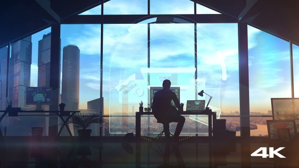 Male designer works with augmented reality projection 4K alt