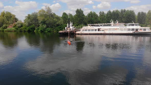 Drone Shot of People in Kayak on River Dnipro