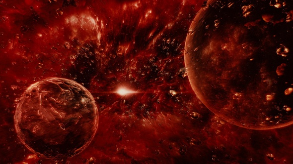 Abstract Dark Red Space Scene with Planets and Asteroids