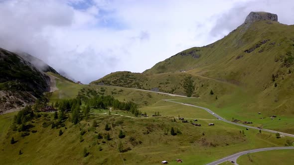 Winding car road along a green pasture covered mountain pass in the Dolomite Italian Alps, Drone dol alt