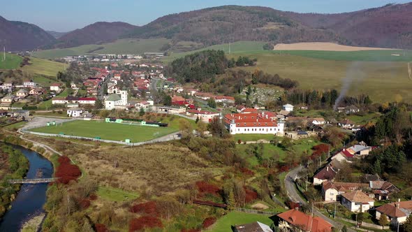 Aerial view of mansion in Kluknava village at Slovakia alt