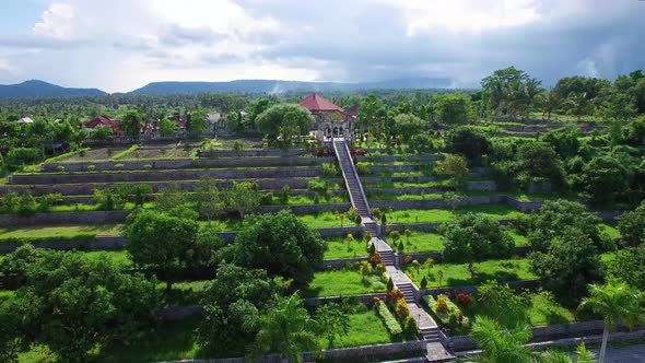 Aerial View of Bali Ujung Water Palace near Mount Agung, Bali, Indonesia
