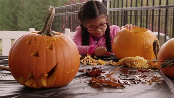 Young girl carving pumpkins for Halloween